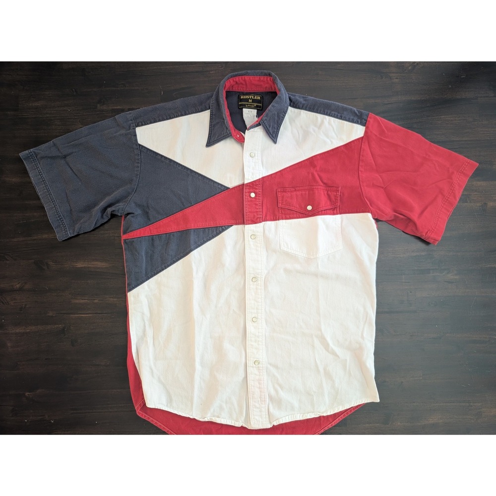 Vintage Rustler Wrangler Mens Western Pearl Snap Shirt Colorblock Denim Medium